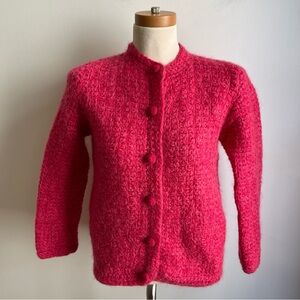 Vintage Hand Knit Pink Wool Cardigan Sweater Chunky Crochet Buttons Small